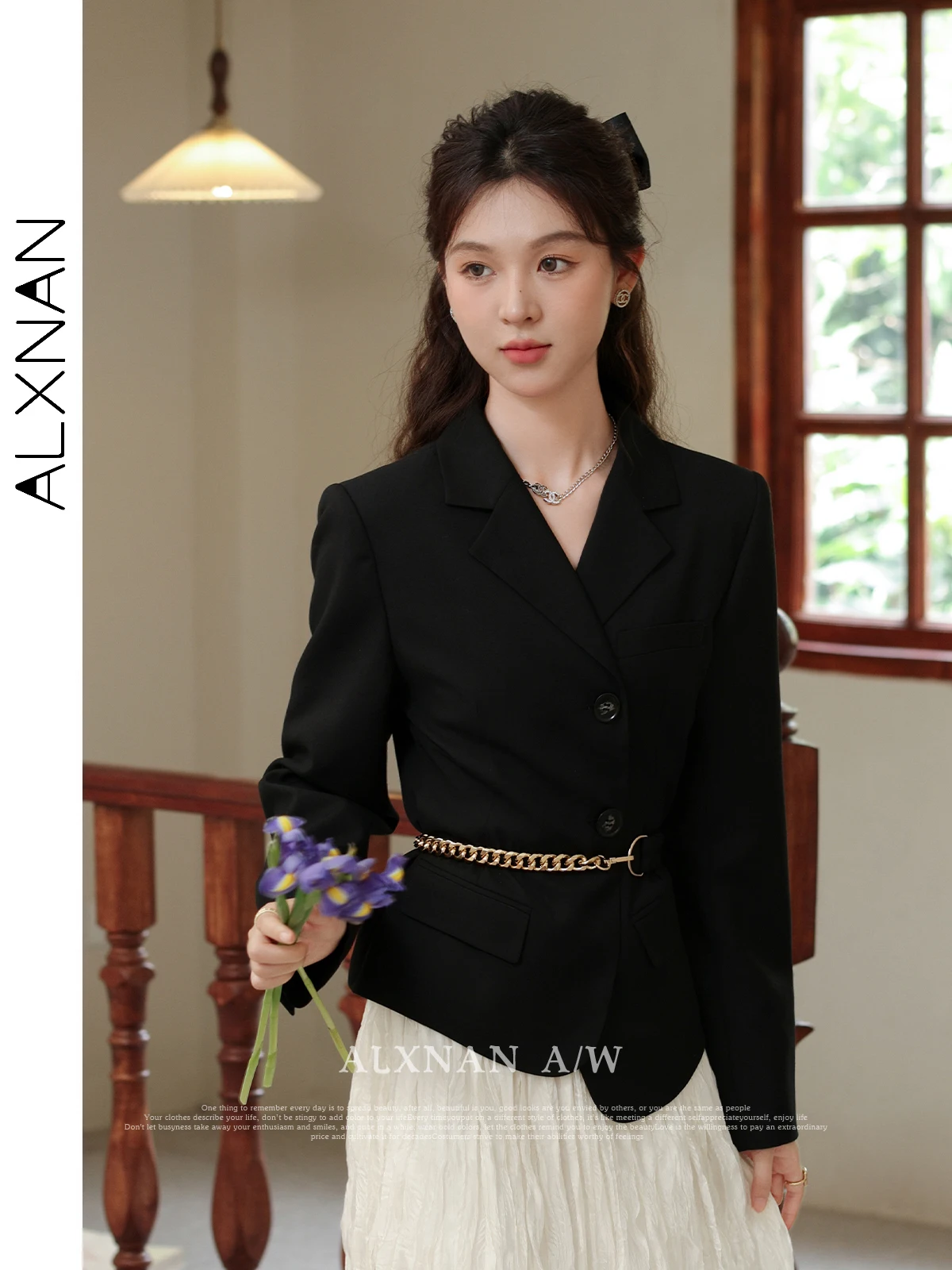 ALXNAN Black Straight Blazer Women 2024 Autumn Commuter Casual Polo Collar Single Breasted Long Sleeve Suit Jacket LXN31136