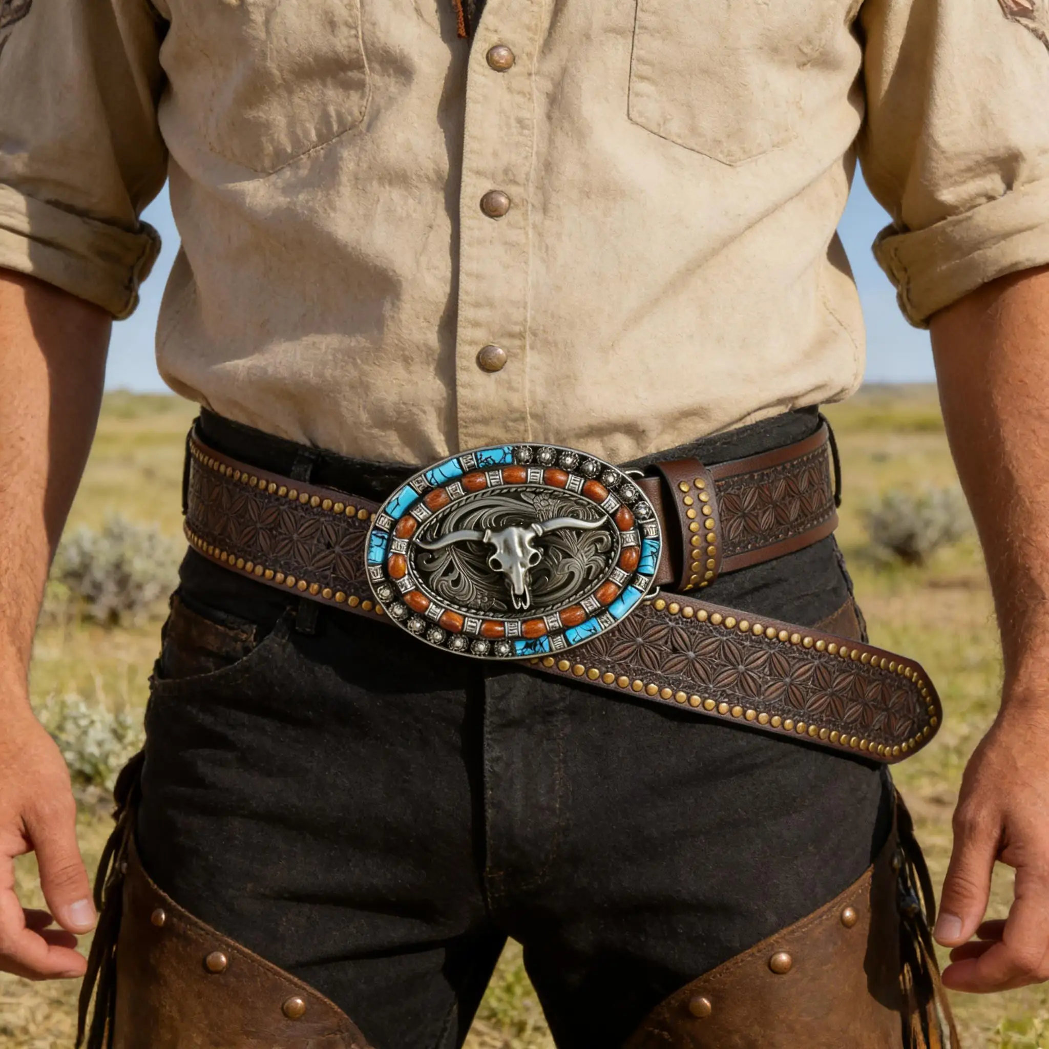 Vintage Turquoise Buckle Engraved Belts Western Longhorn Bull Embossed Cowboy Leather-Belts
