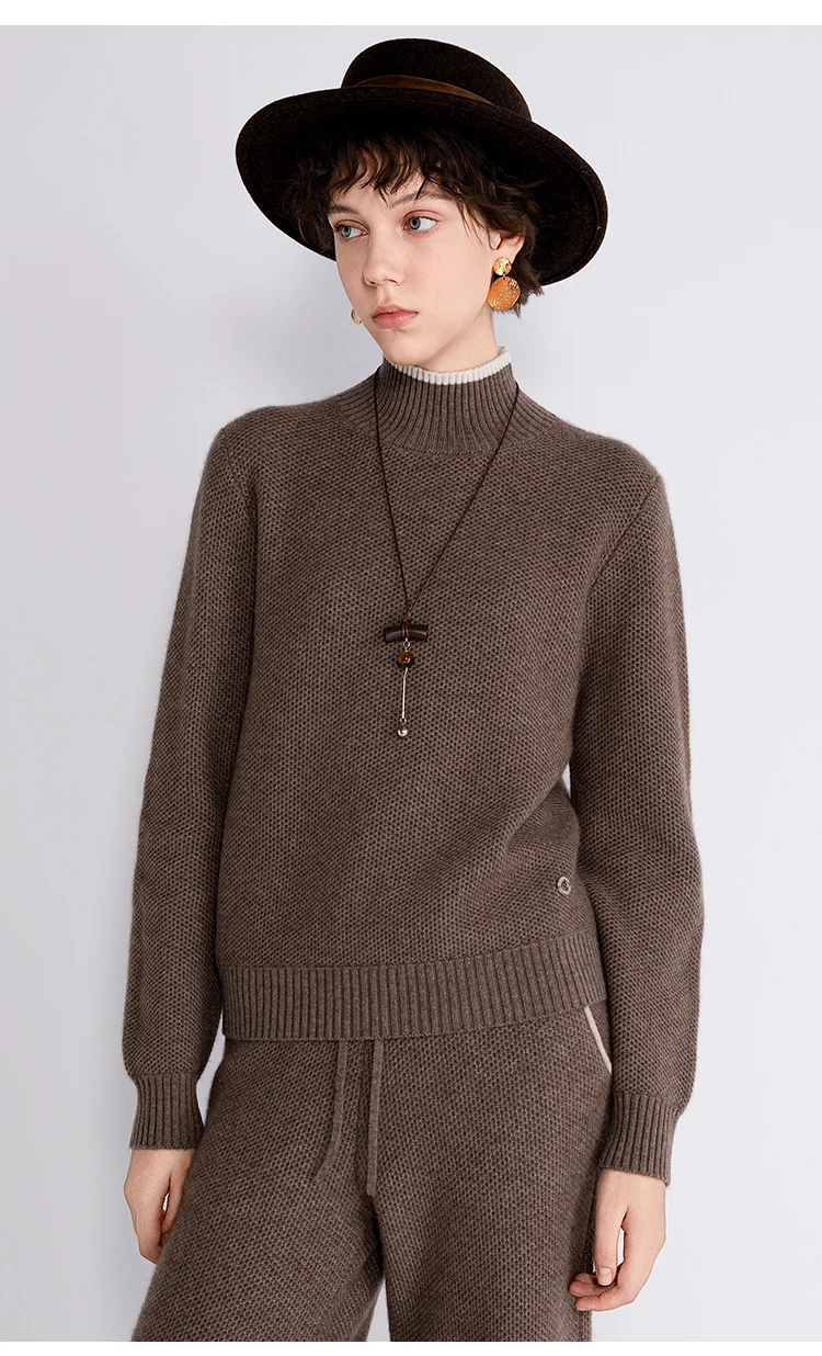 TX862184 Damen-Woll-Kaschmir-Mischung Pullover mit Stehkragen, geripptem Saum, entspannter Passform, LP Quiet Luxury, Frühherbst – Detail 8