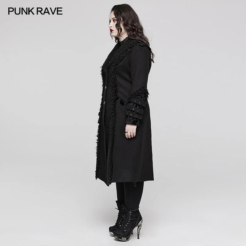 PUNK RAVE Women's Gothic Elastic Plush-strips Jacquard Coat Lace Edge+exquisite Engraved Diamond Button Warm Long Jackets Winter