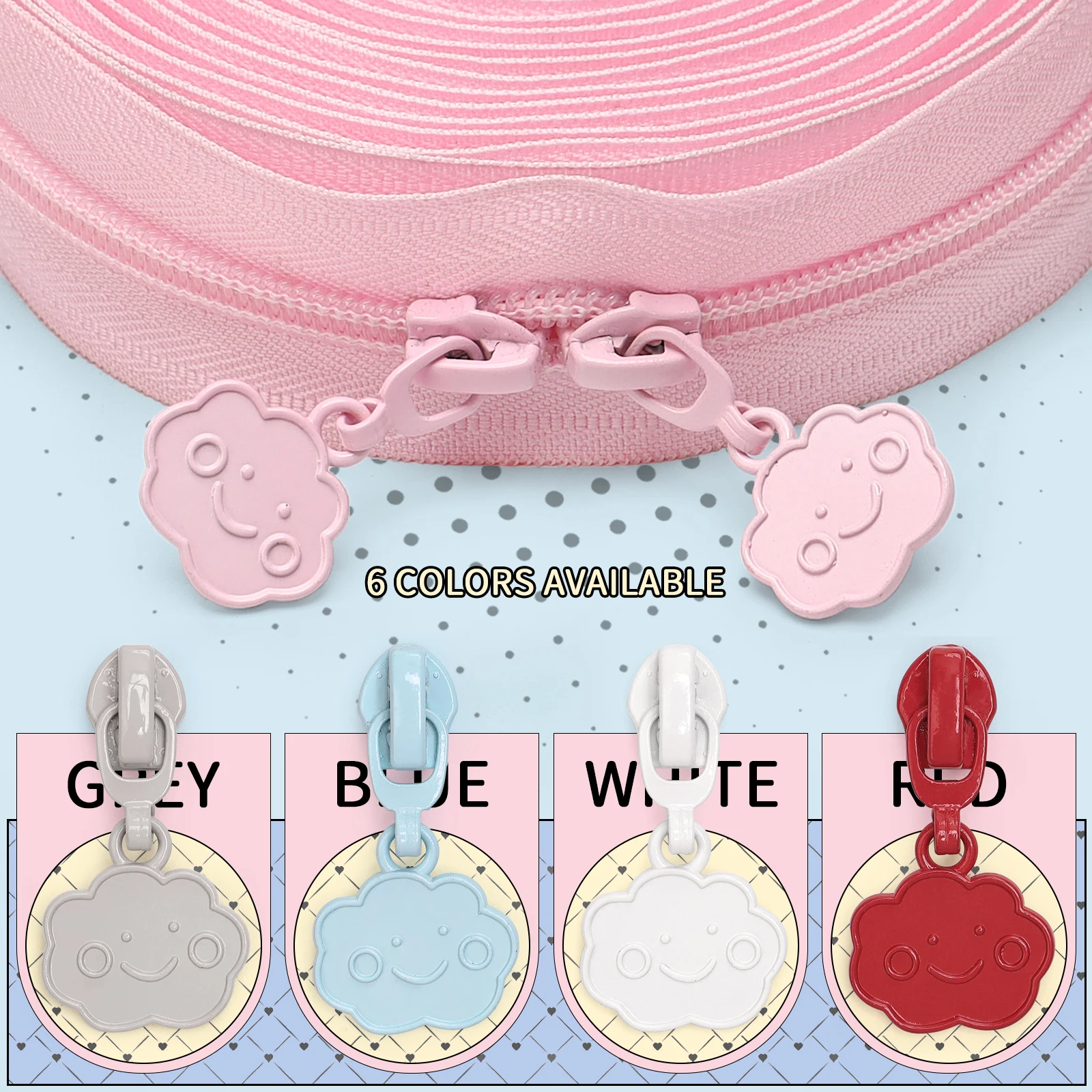 【 # 5-teiliges Set aus Nylon-Reißverschlüssen und niedlichen Wolken-Reißverschlussanhängern】1 Set = 5 Yards (177,16 Zoll) # 5 Nylon-Reißverschlüsse + 10 "Xiao Ke Yun" Reißverschlussgriffe