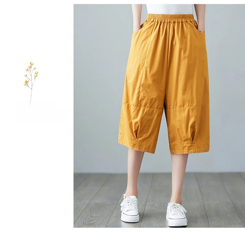 الراقية المرأة حجم كبير القطن عادية مستقيم الساق السراويل خمسة أرباع طول مريحة فضفاضة تناسب ملابس العمل بنطلون