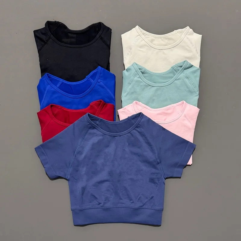 Histello Kurzes Hemd für Damen, Fitnessstudio, nahtlos, kurzärmelig, Workout, Nabel freiliegendes Top, Fitness, Laufen, Activewear, Übungsshirt