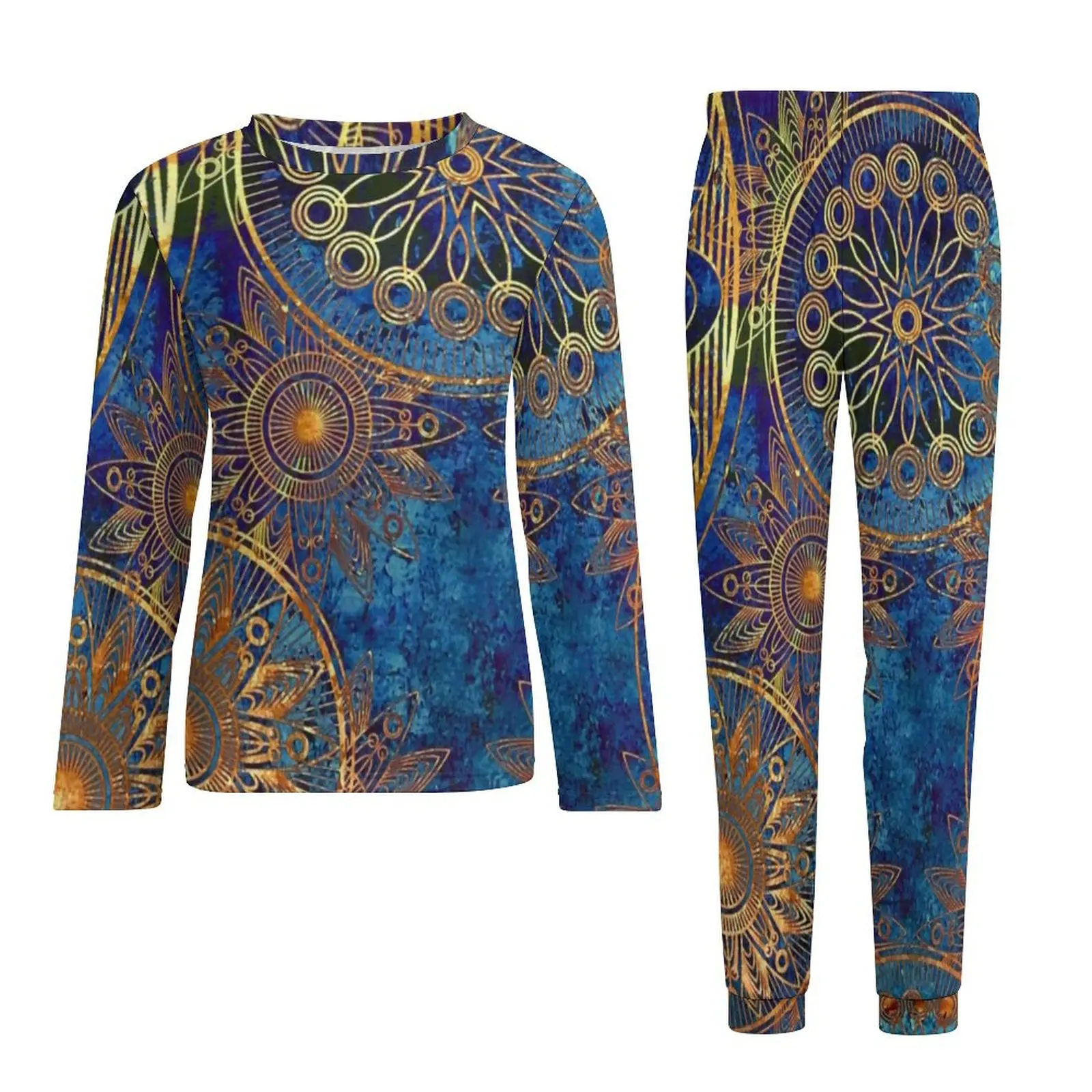 Celestial steampunk pijamas manga longa azul ouro mandala duas peças conjuntos de pijama casual inverno homem impressão bonito oversize nightwear