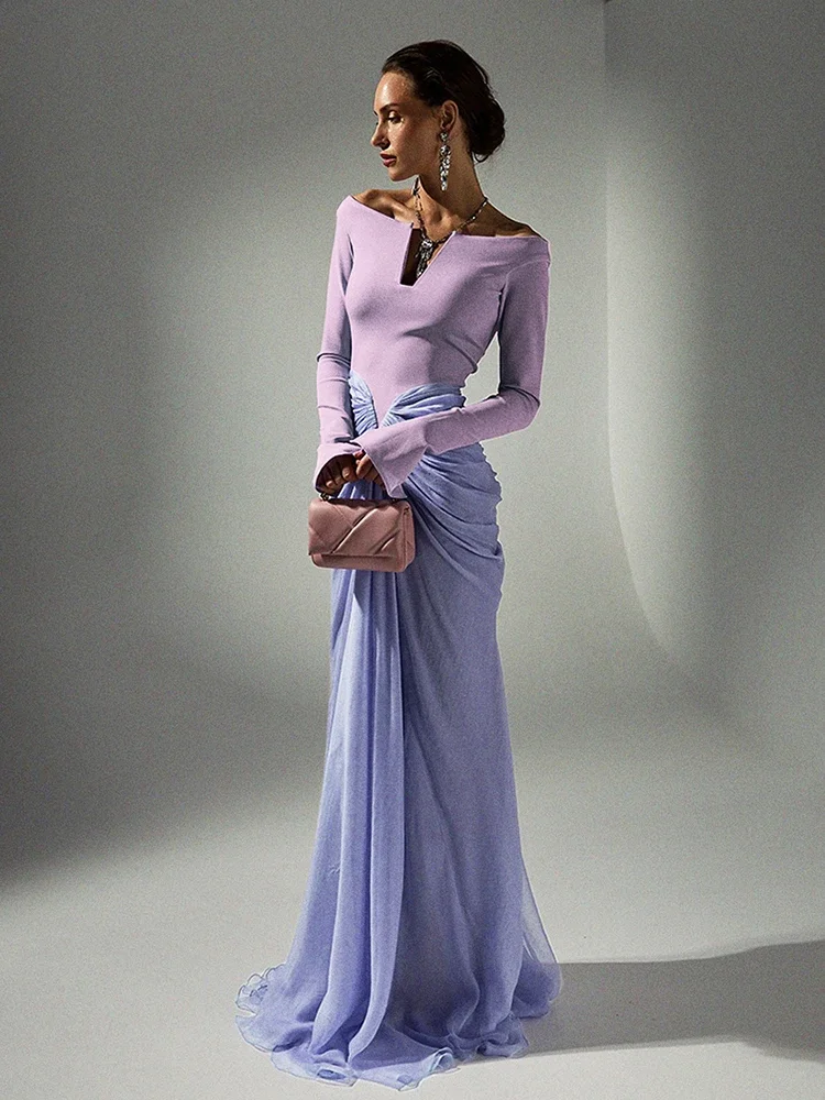 Customized Elegant Patchwork Mermaid Chiffon Evening Gowns with Sweep Train V Neck Long Sleeves Prom Dress for Banquet Party