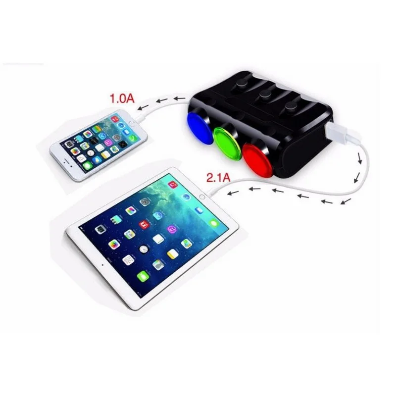 ولاعة سجائر للسيارة بقدرة 120 وات ثلاثية الاتجاهات - شاحن سريع 12-24 فولت 2 USB 3.1 أمبير لحماية جهد iPhone/الحرارة الزائدة
