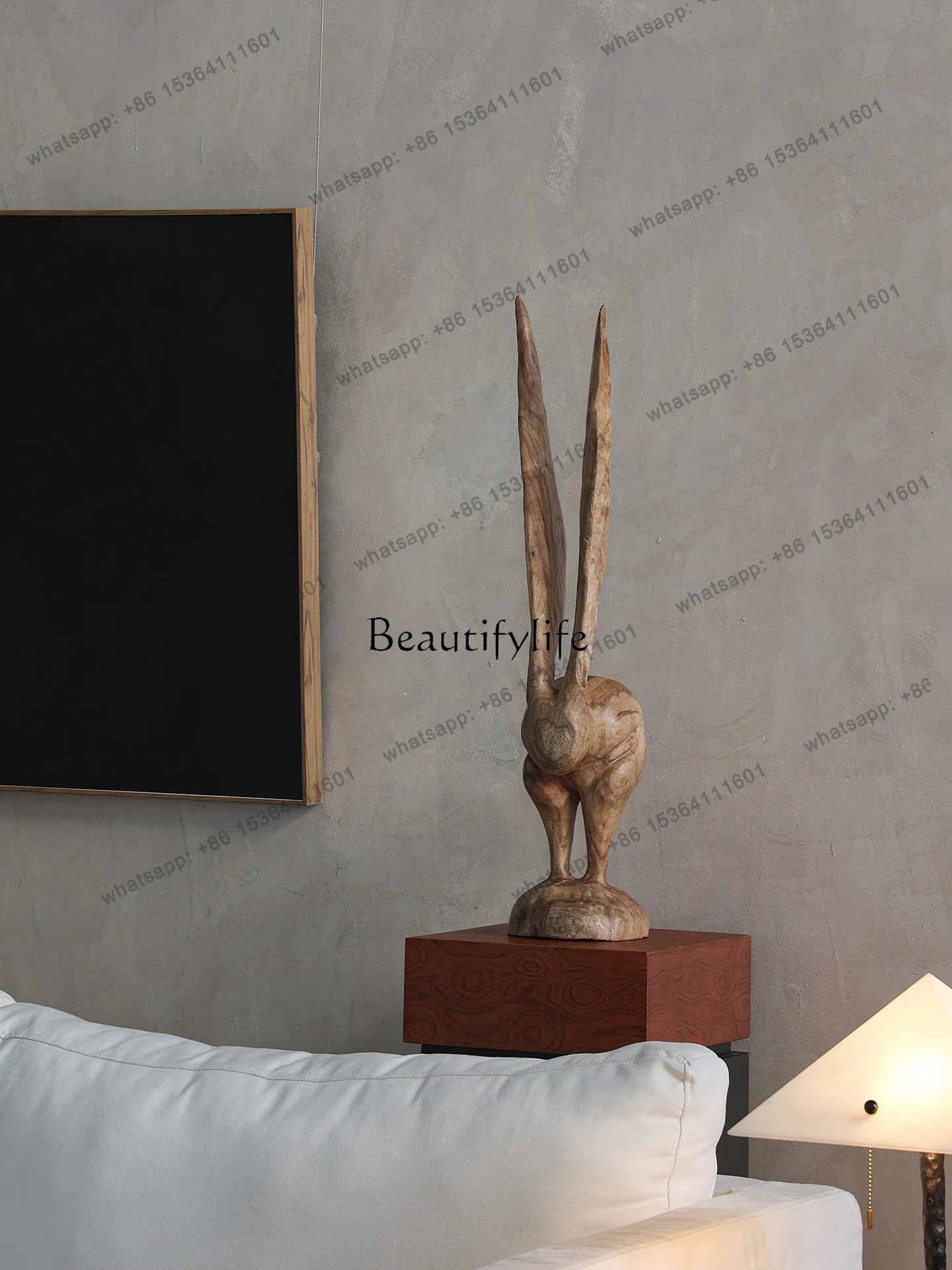 Factory Direct   Long-eared rabbit art sculpture medieval villa solid wood carving living room art soft decoration ornament