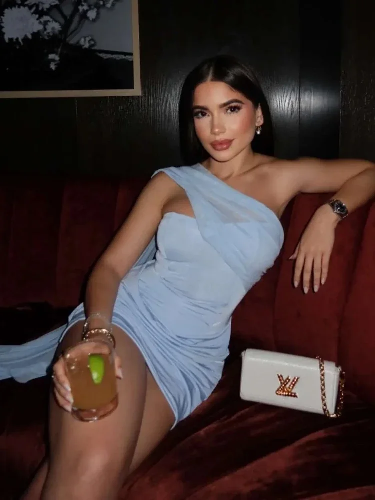 Chaxiaoa Mini abiti sexy senza spalline con spalle scoperte Abito da sera aderente con volant drappeggiato senza maniche alla moda da donna