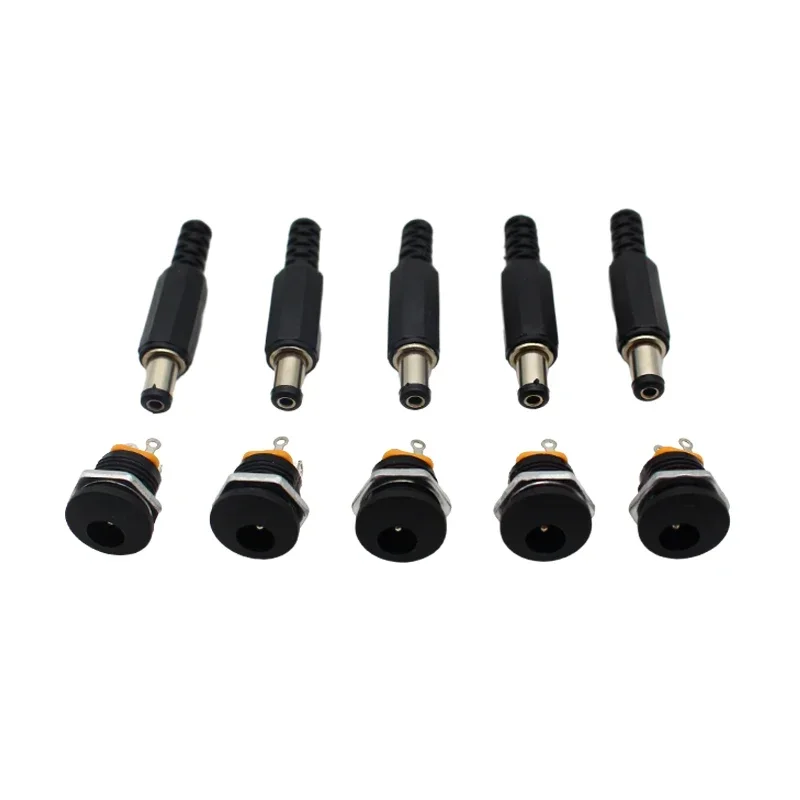 10PCS (5Pairs) DC12V 5.5 X 2.1mm Plastic Male Plugs DC022 DC Power Socket Female Jack Screw Nut Panel Mount Connector