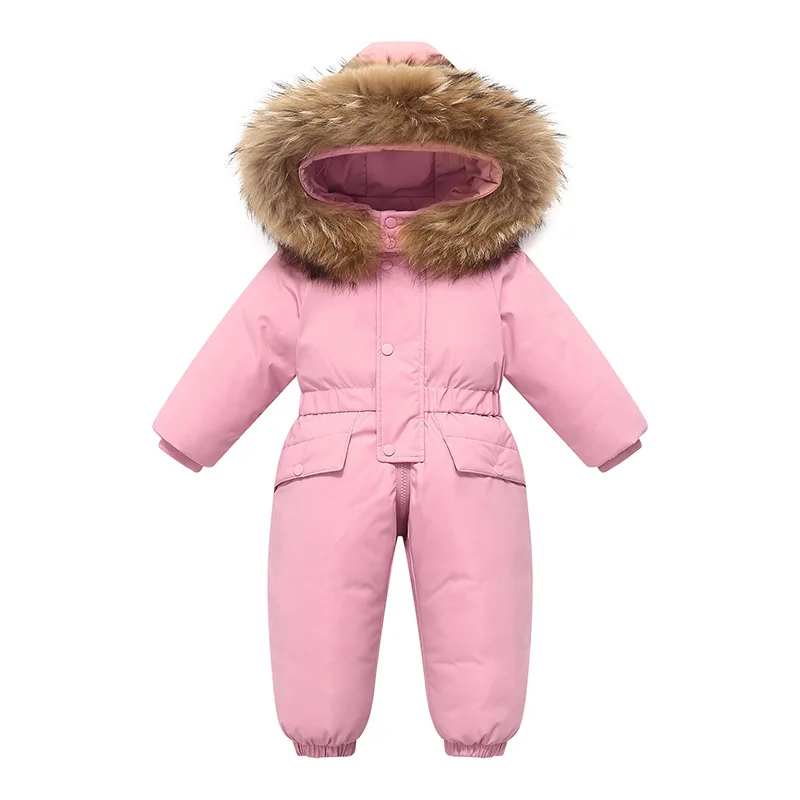 Children's Ski Suits One-Piece Fur Collar Hood Thick Snowsuits Kids Windproof Warm Winter Girls Boys Skiing Clothes -35degree