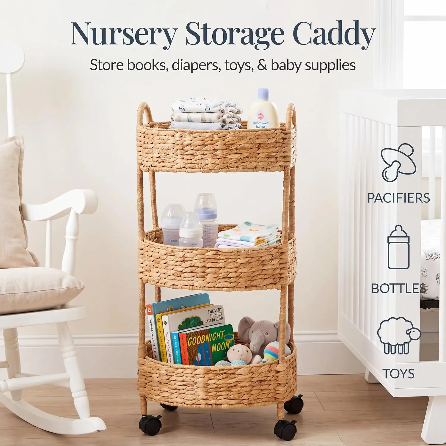 3-Tier Round Rolling Nursery Caddy w/Wheels, Handwoven Utility Cart, Storage Organization for Bathroom, Craft Room, Laundry Room