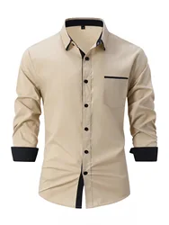 Fashionable Men's Shirt Solid Color Cotton Casual Loose Business Pocket Decoration Lapel Cardigan Long Sleeves