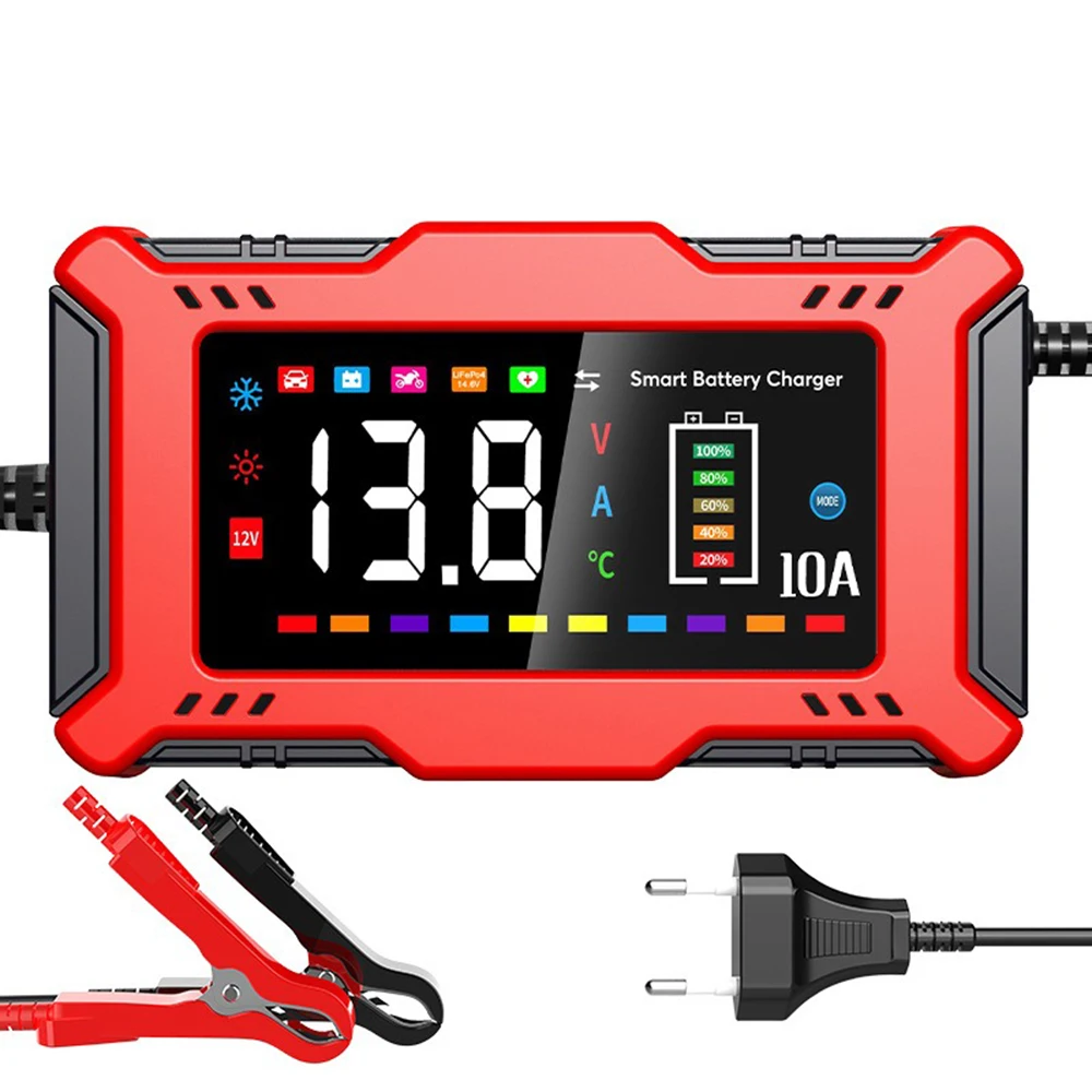 12V 10A Car Battery Charger with Intelligent Current Adjustment for Charging and Battery Protection for Cars Moto Red
