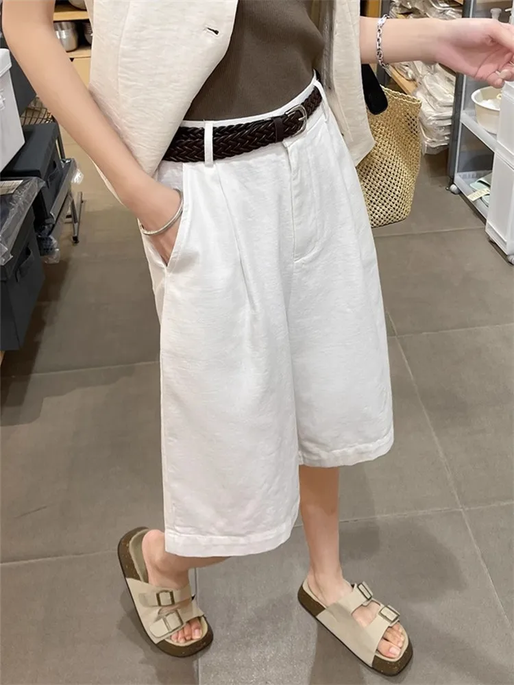 Plones informs de lino y aodón de cinco puntos para mujer, de cintura alta y pierna ancha, hoados, versátiles y de...