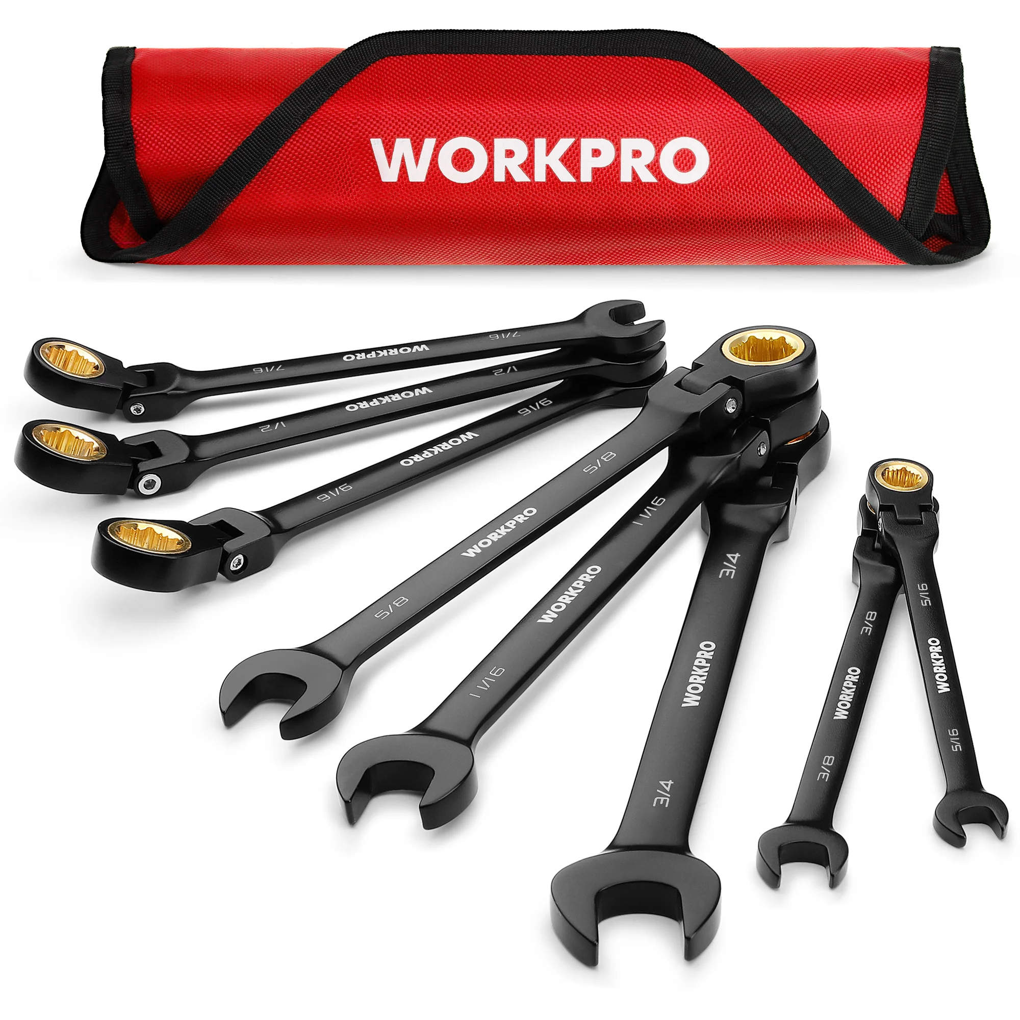 WORKPRO 8-Piece Ratcheting Wrench Set SAE 5/16-3/4" 180° Flex-Head 72-Tooth Cr-V Steel Black Electrophoretic Coating Rolling Pouch Auto Repair DIY