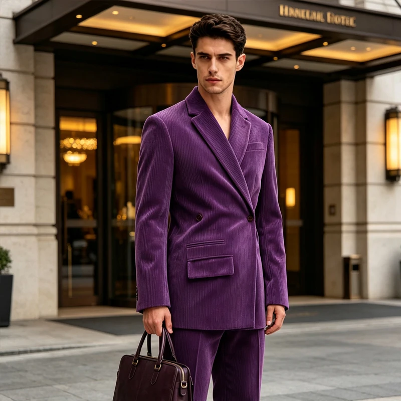 Men Corduroy Suit 2 Pieces Notched Lapel Double Breasted Wrap Design Blazer With Pants Set Luxury Wedding Formal Business Tuxedo