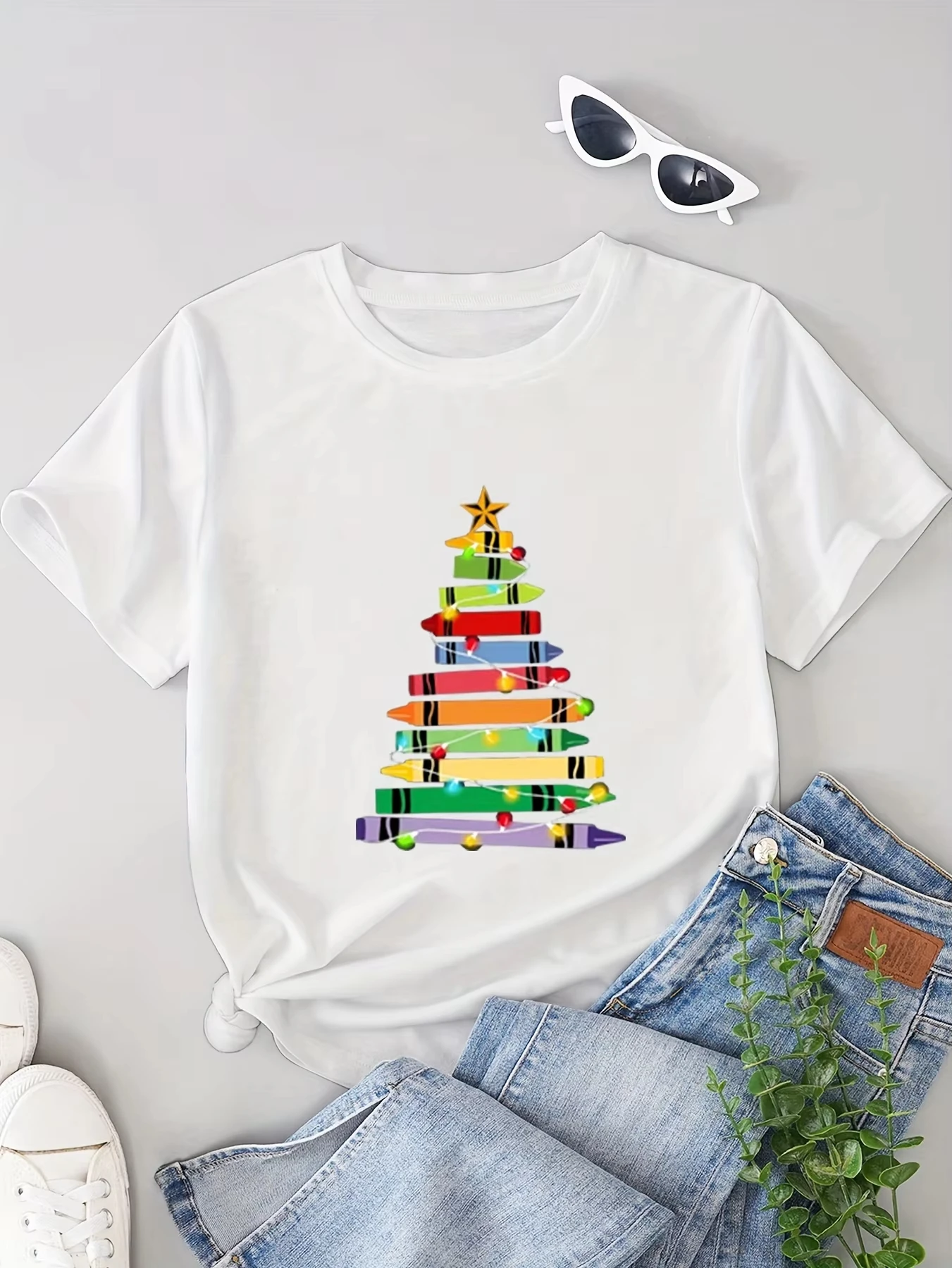 Unisex Crayon Christmas Tree Graphic T Shirt Colorful Xmas Lights Print Short Sleeve Crew Neck Casual Holiday Tee Men Women