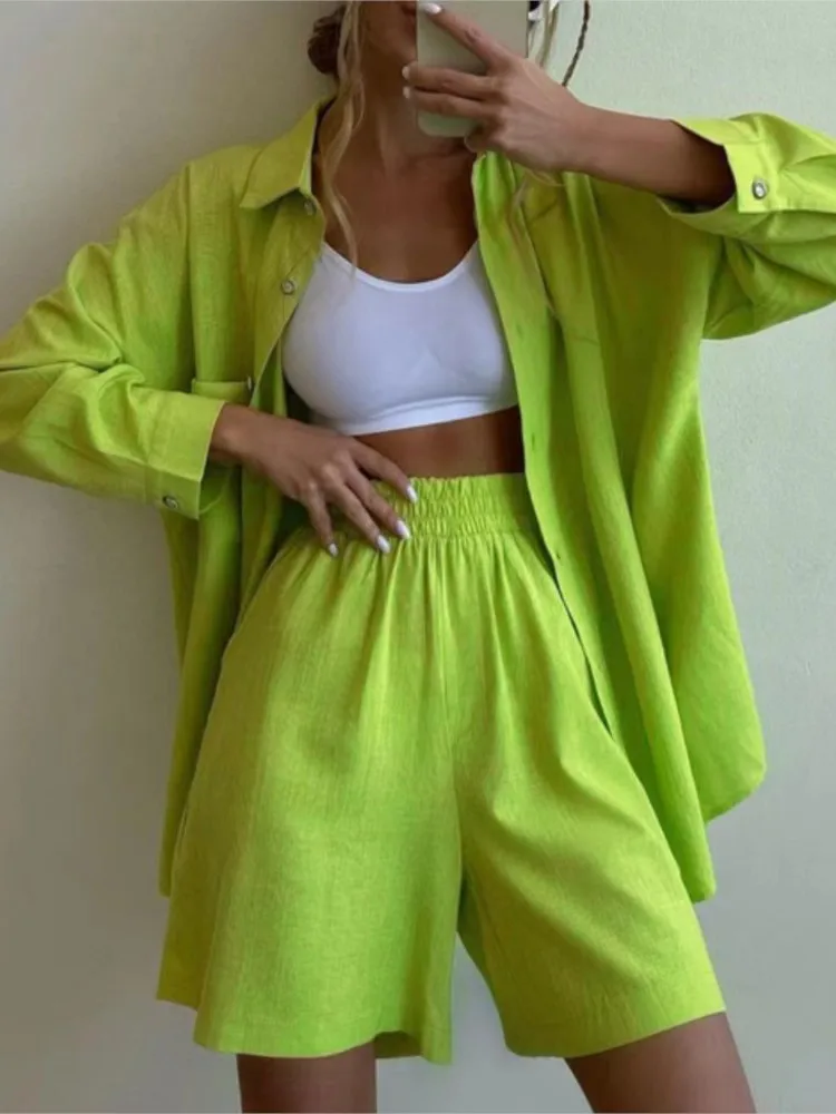 Spring Fashion Casual Short Set Women Tracksuit Wear Loose Long Shirt Top And High Waist Shorts Two Piece Sets Summer Outfits