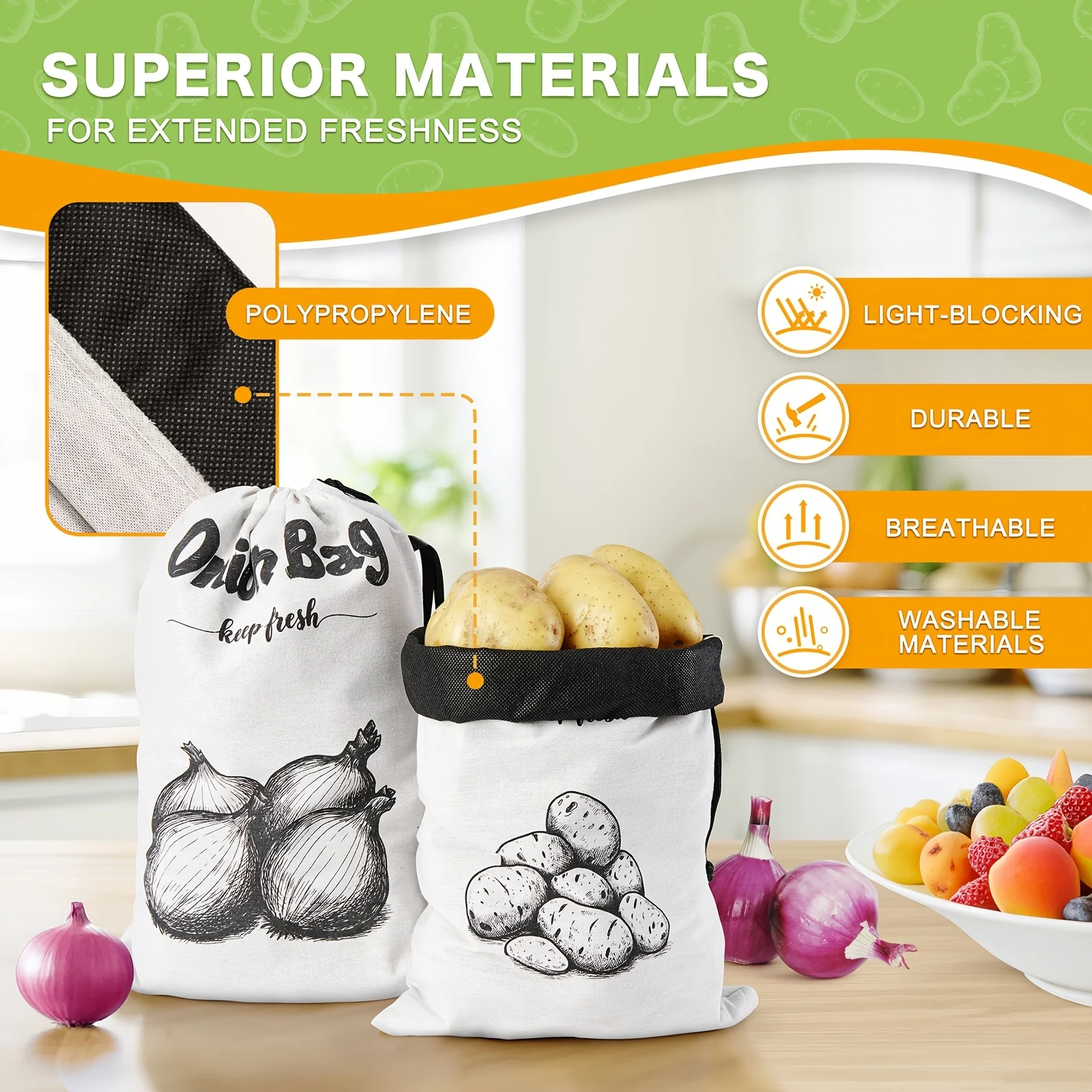 

2 многоразовые пакеты для хранения овощей | Вместимость 8 фунтов, светонепроницаемый вкладыш с затягивающимся шнурком и боковой молнией для легкого доступа.