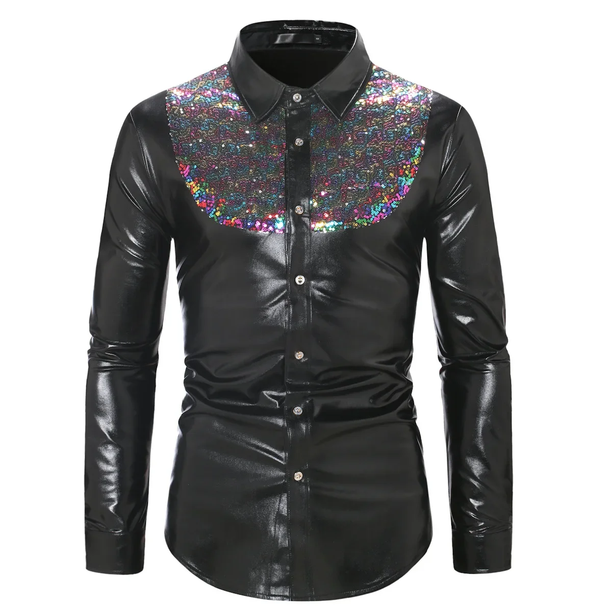 

Mens Rainbow Sequin Metallic Shirts Hipster Long Sleeve Button Up Dress Shirt Party Nightclub Disco Stage Singer Shirt Male XXL