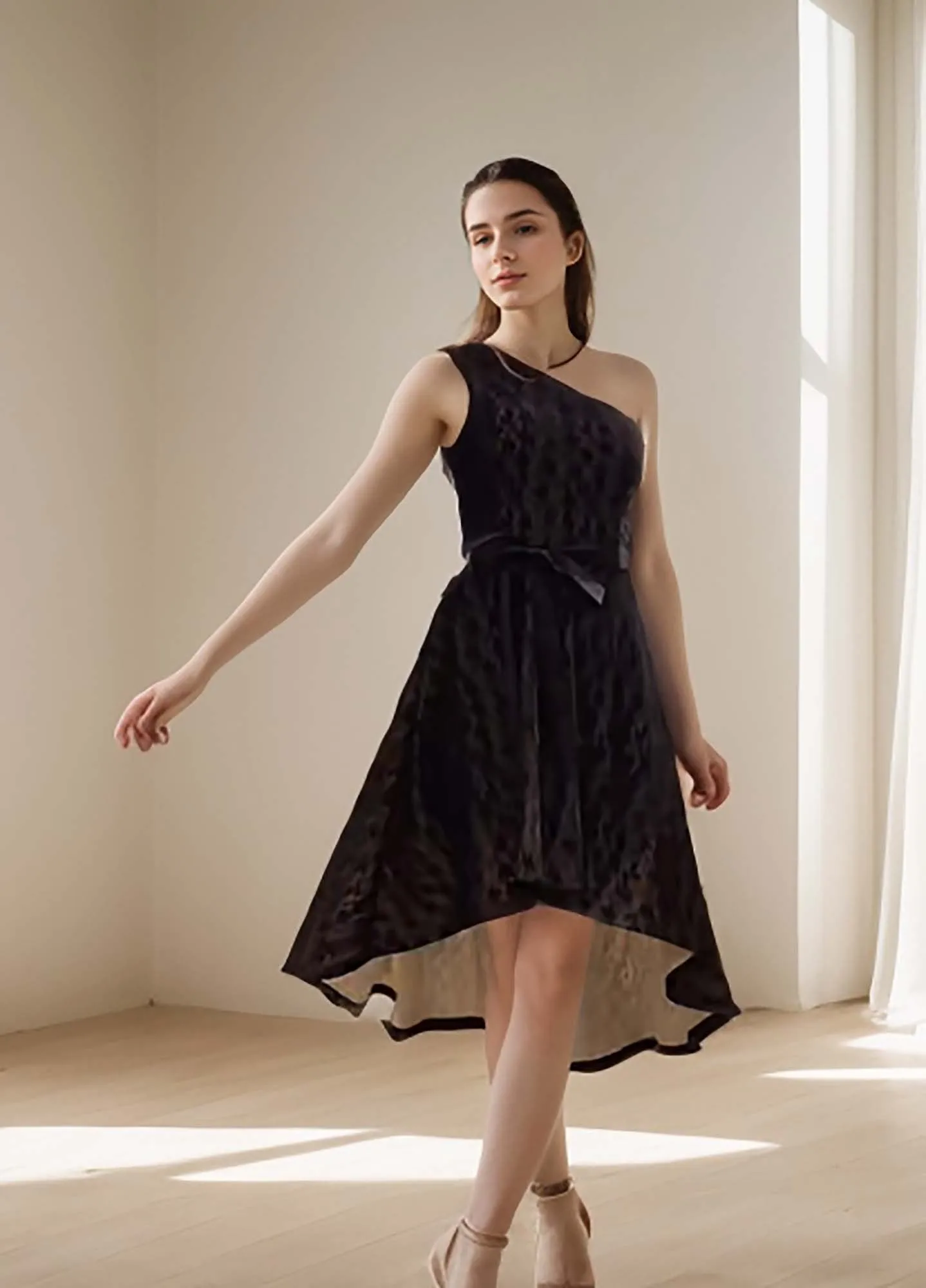 Angel-fashions Women's One Shoulder Black Floral Lace Formal Dress Tie Waist High Low Midi Dress
