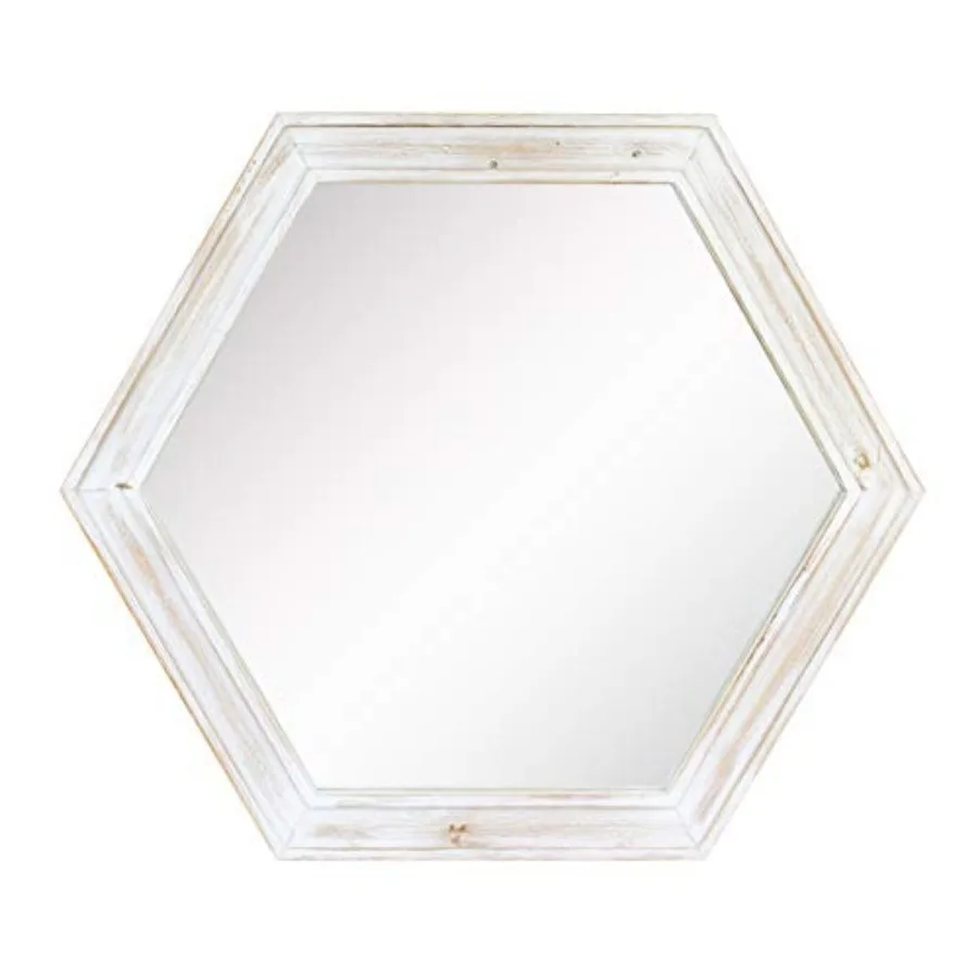 

Decorative 24" Hexagon Wall Mirror with Worn Wood Frame and Attached Hanging Bracket Decorative Country Rustic Decor for the Li