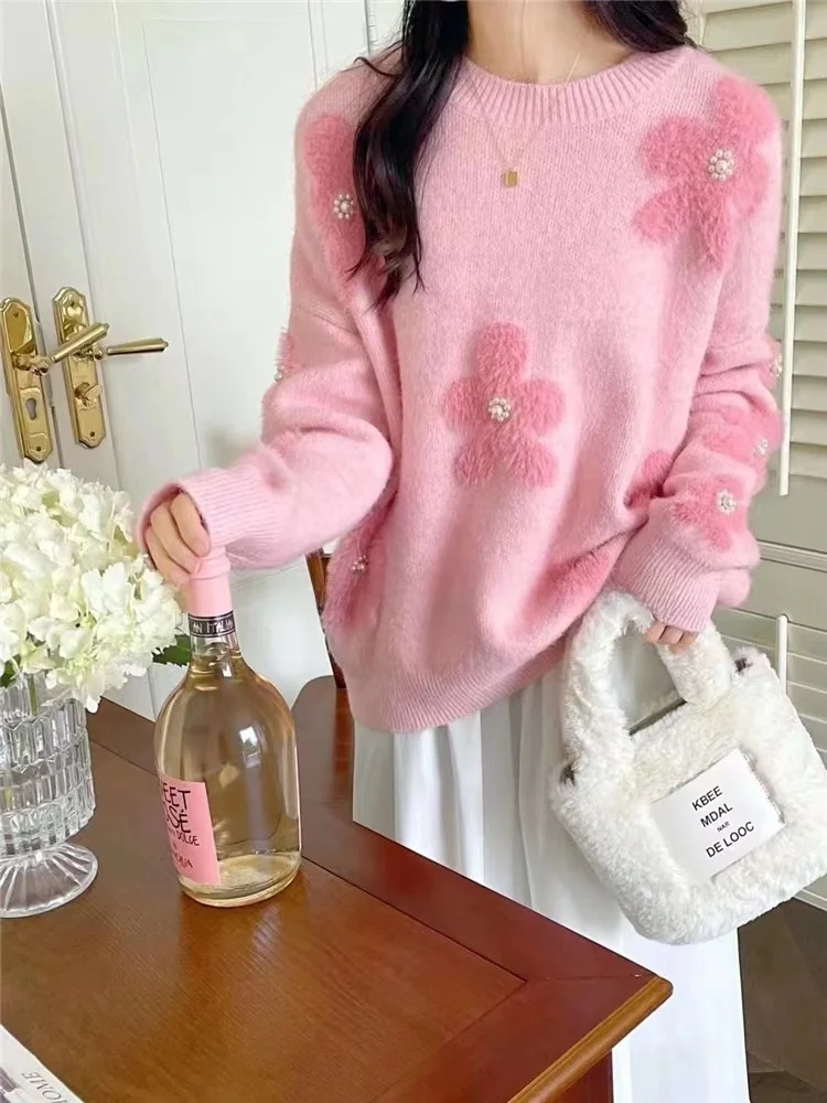 

Осень-зима, свободный женский вязаный свитер, мягкий, уютный, с жемчужной цветочной вышивкой, студенческий модный универсальный круглый длинный S...