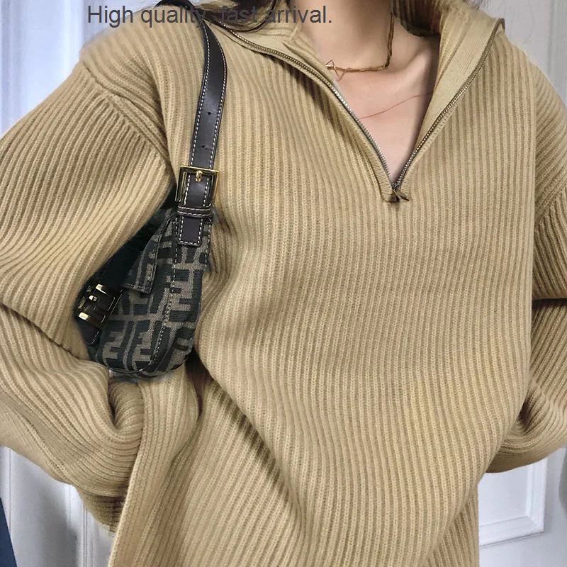 

Vintage French Minority Thread Knitted Sweater European and American Ins Style Personality Zipper Turtleneck Top Casual