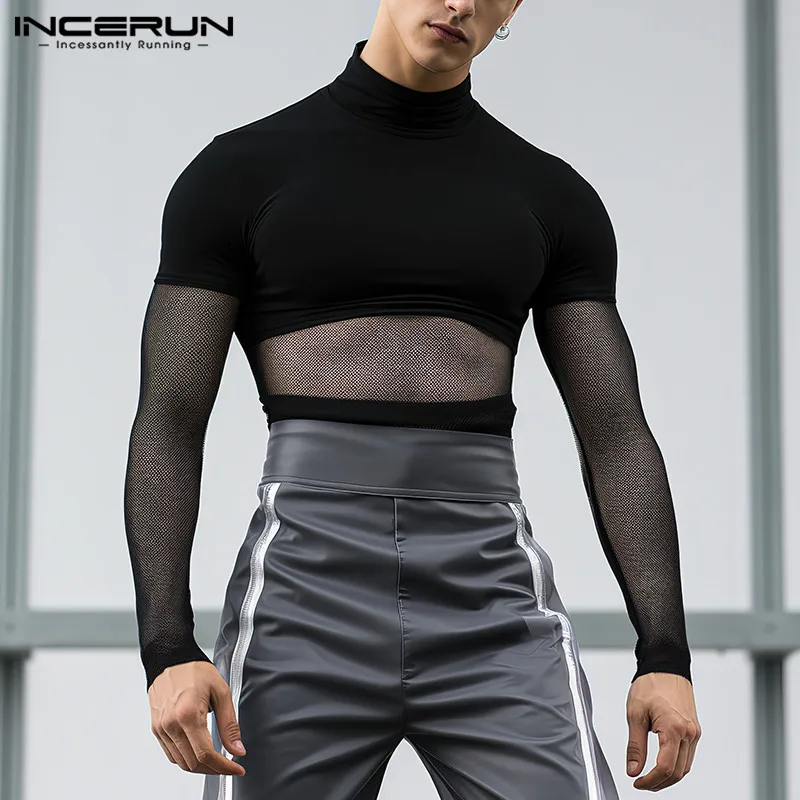 Sexy Casual Style Tops INCERUN 2024 Men\'s Mesh Splicing See-through Half High Neck T-shirts Stylish Thin Long Sleeved Tees S-2XL