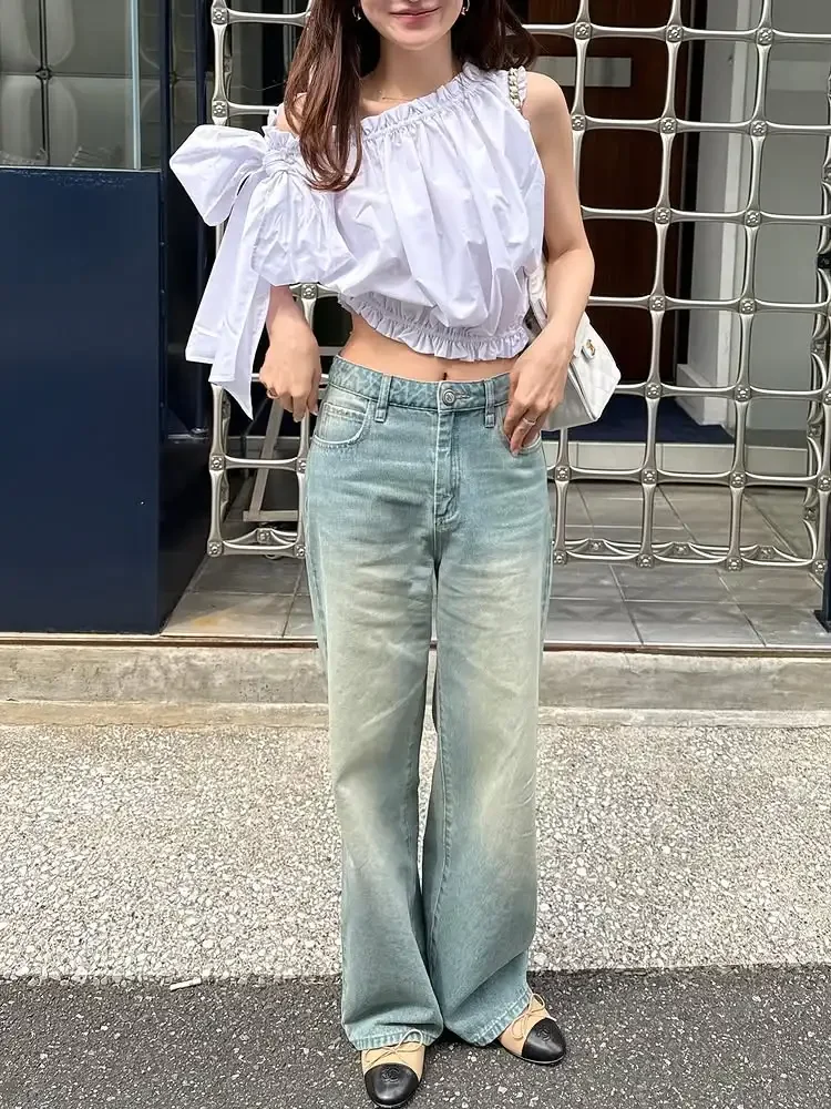 2025 Japanese Women's Personalized Off-the-shoulder Pleated Fungus Bow Asymmetrical Short Top Black and White Shirt Blouse Mujer