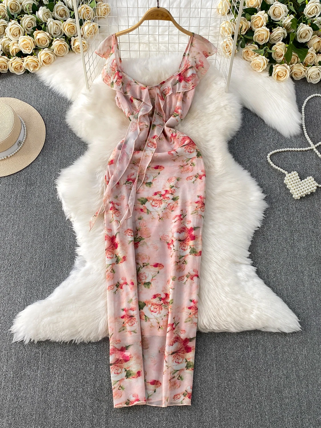 Ele Floral Print V-Ne Puff Sve Dr Damen High Waist Slim Fit Langer Rock Korean Sle Pendeln Sommer Midi Dr