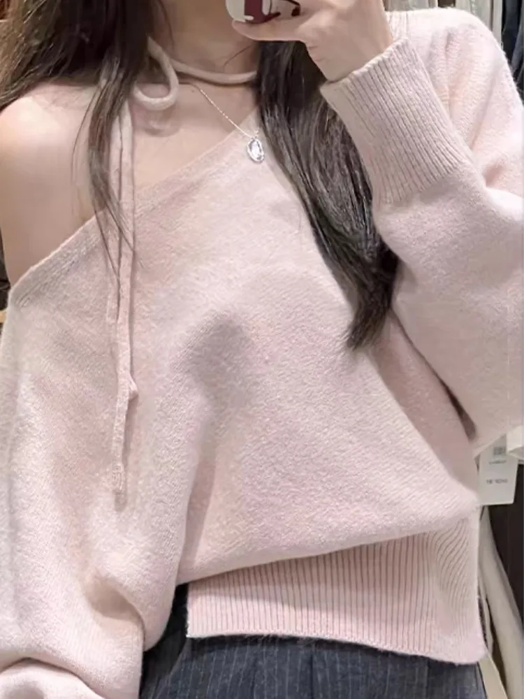 جميلة oulder Bared محبوك قاعدة irt المرأة الخريف الشتاء ملابس داخلية سترة يمكن لباس خارجي علوي الكورية Sle فضفاض صالح