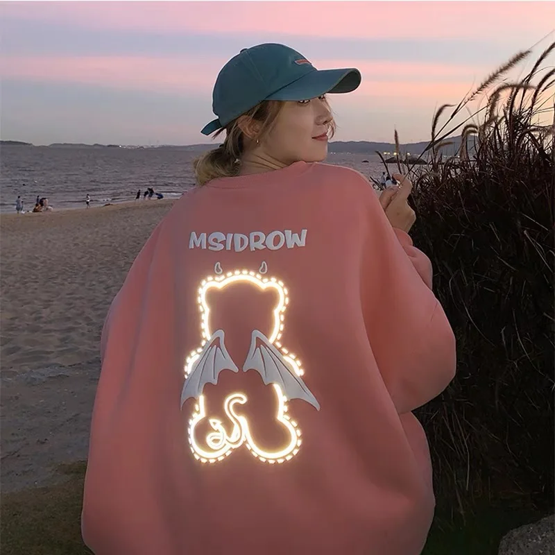 Übergroßer, lockerer, reflektierender Bären-Hoodie für Damen, lässig, bequem, Baumwollmischung, Long Sve, rundes, bedrucktes Sweatshirt