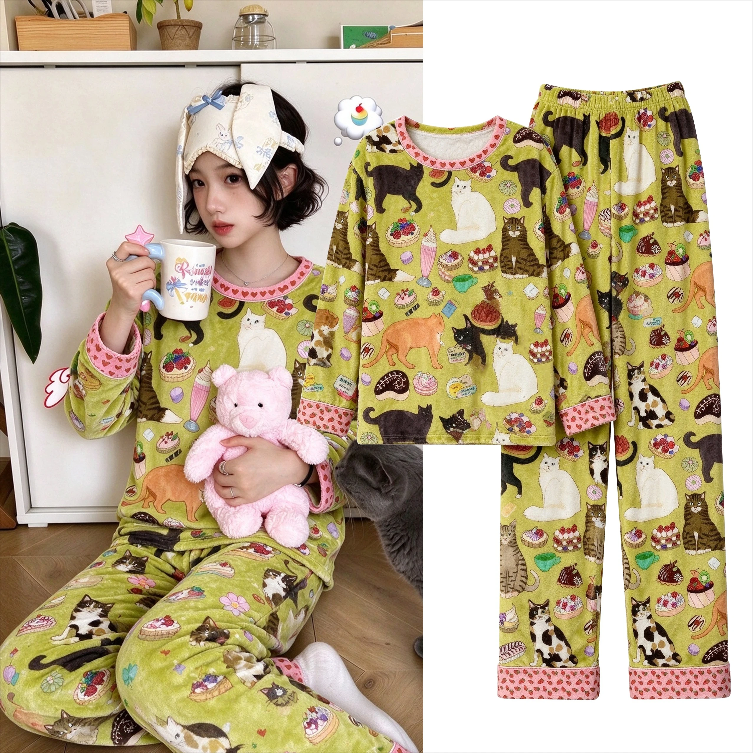 Forest Style Coral Fleece/flannel Home Suit Set, Soft and Sticky Touch with Thick Fleece for Girls' Style Sleepwear