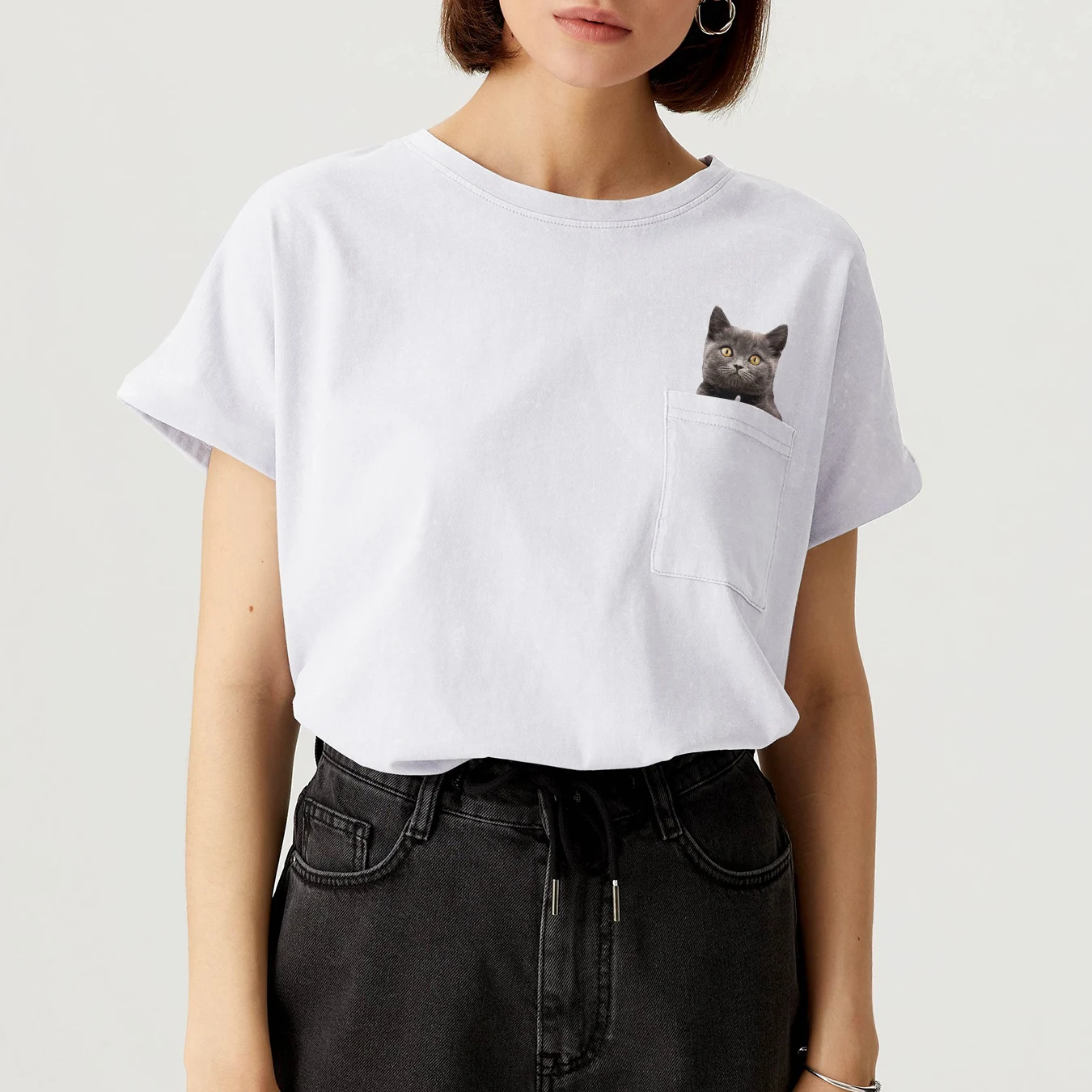 CLOOCL Animal T-Shirt Funny Cat Middle Finger Pocket Sticker Printed T-shirt Cotton Tees Women Shirts Tops Casual Y2K Clothing