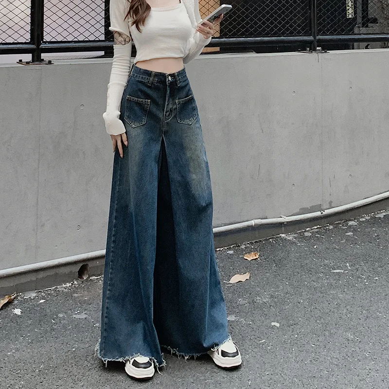Retro Spring and Autumn Denim High Waist Loose Drop Down Floor Dragging Wide Legs Hairy Pants for Women