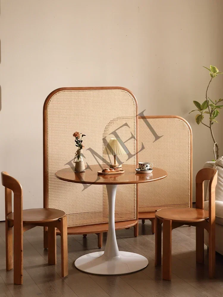 New Chinese solid wood rattan screen retro wabi home living room home bedroom partition blocking movable seat screen