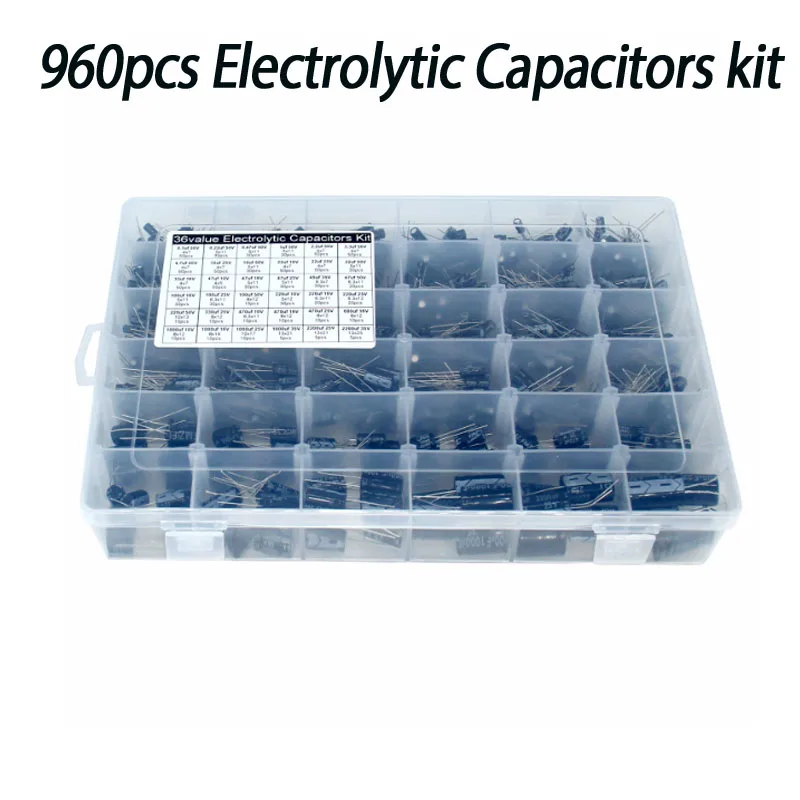 960PCS 36 capacitance values (0.1uf-2200uf) 1000uf 25V/35V lead aluminum electrolytic capacitors