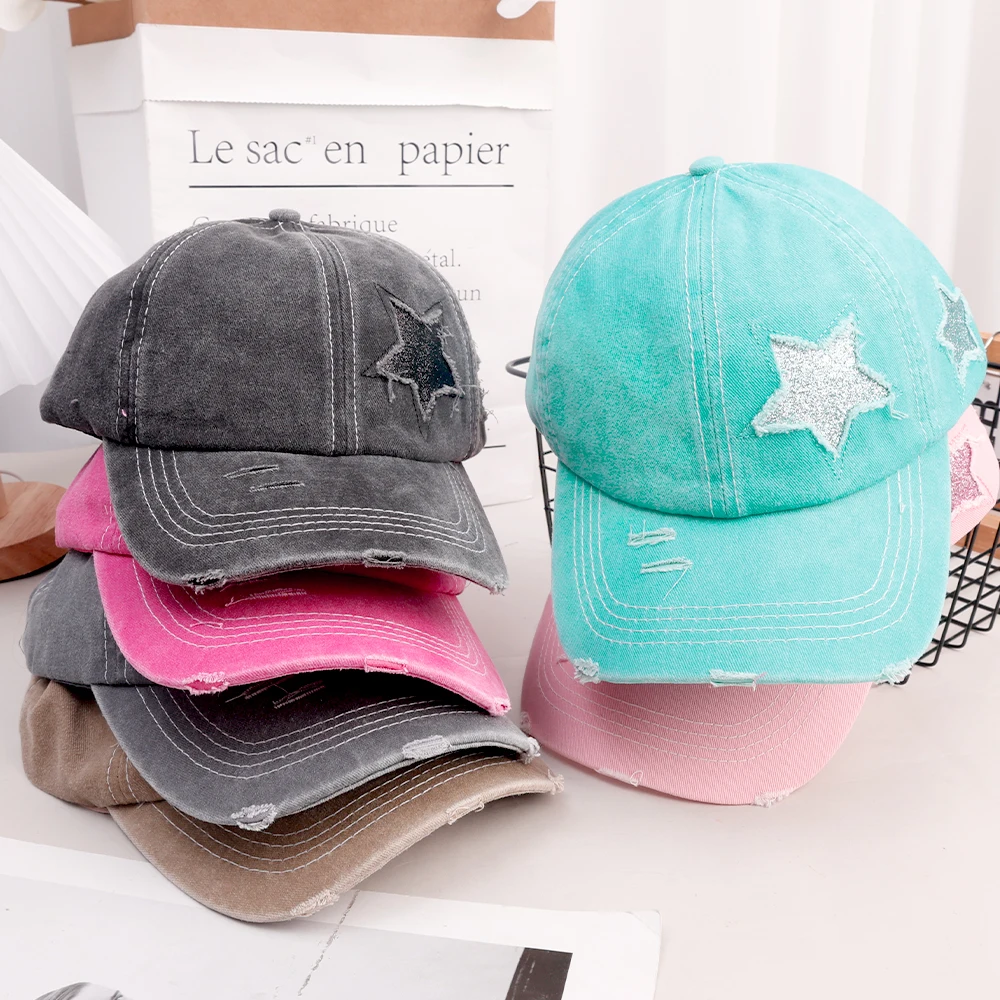 Y2K Five-pointed Star Hats for Women Men Washed Denim Hole Baseball Cap Vintage Embroidery Pentagram Cotton Soft Ponytail Hat