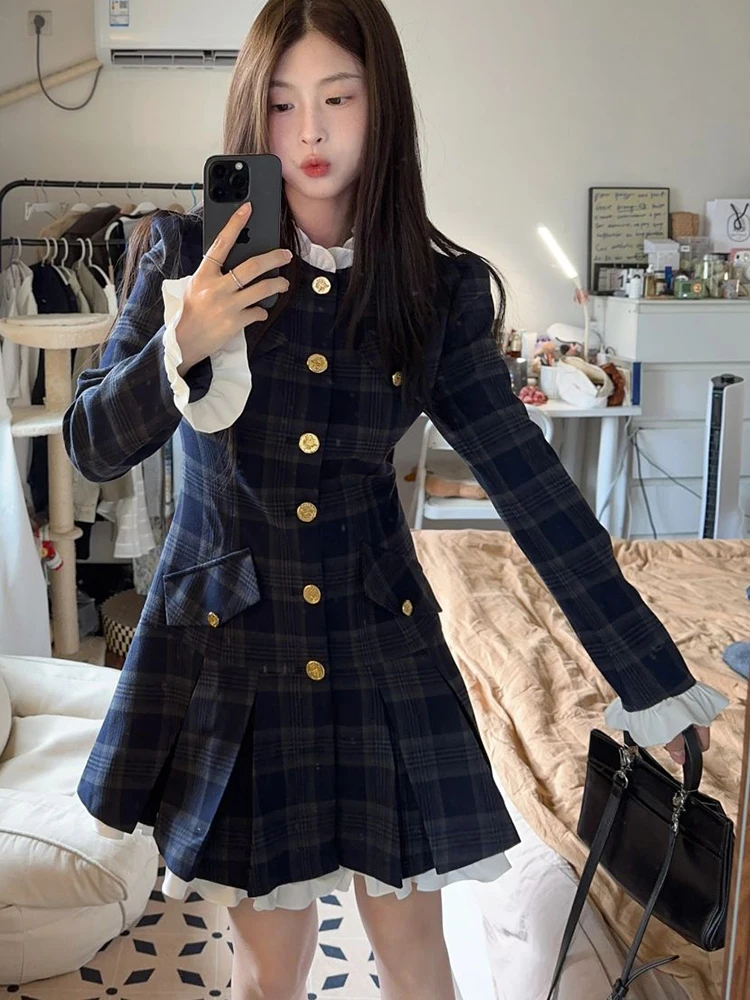 French small fragrant plaid dress women's autumn and winter new rich daughter retro high-end feeling waist and thin skirt