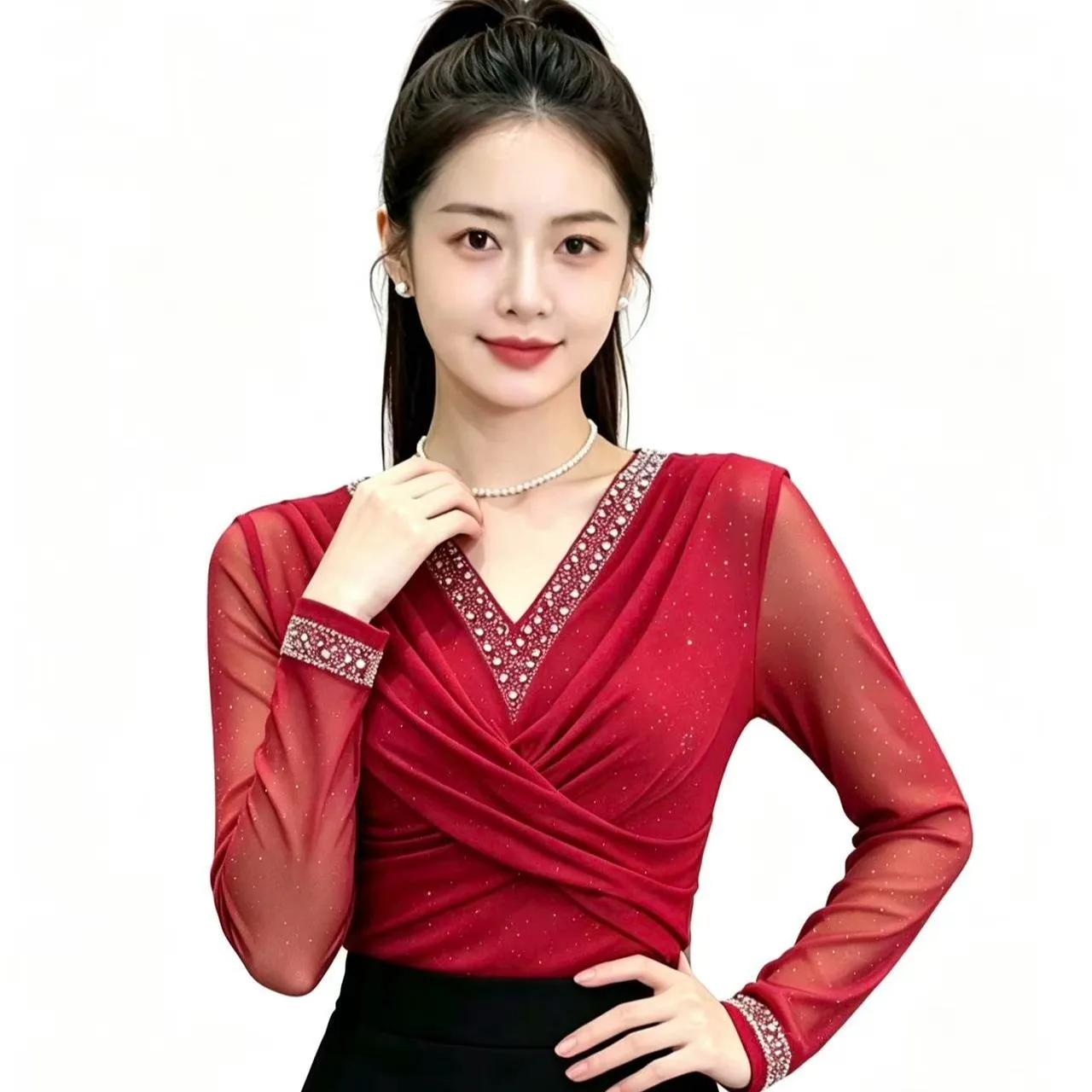 MadBlack-Women European T-Shirt, Sexy V Neck Diamond Patchwork, Hotsweet Long Sleeve Slim M-3XL Mesh Tee, 2026 Autumn T6O314CC