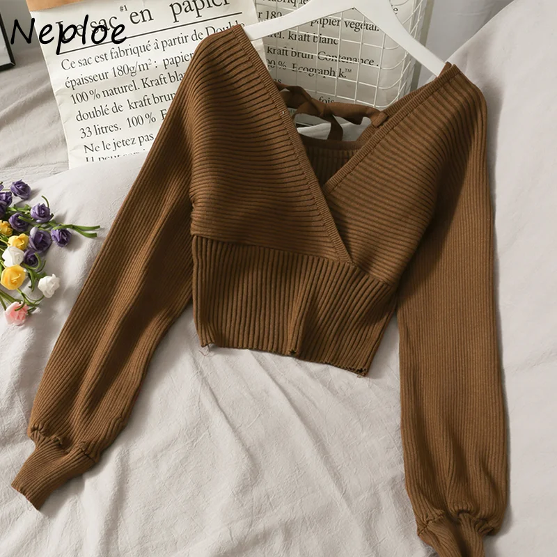 Neploe V Neck Cross Bow Design Sexy Open Back Sweater Pullover Long Sleeve Slim Fit Knit Pull Femme Spring Outwear Solid Sueter