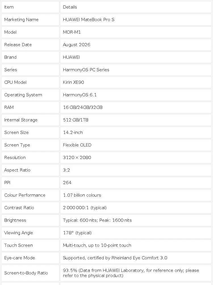 2026 Laptop HUAWEI MateBook Pro S CPU Kirin XE90 14.2-inch 3.1K OLED 3120*2080 HarmonyOS 6.1