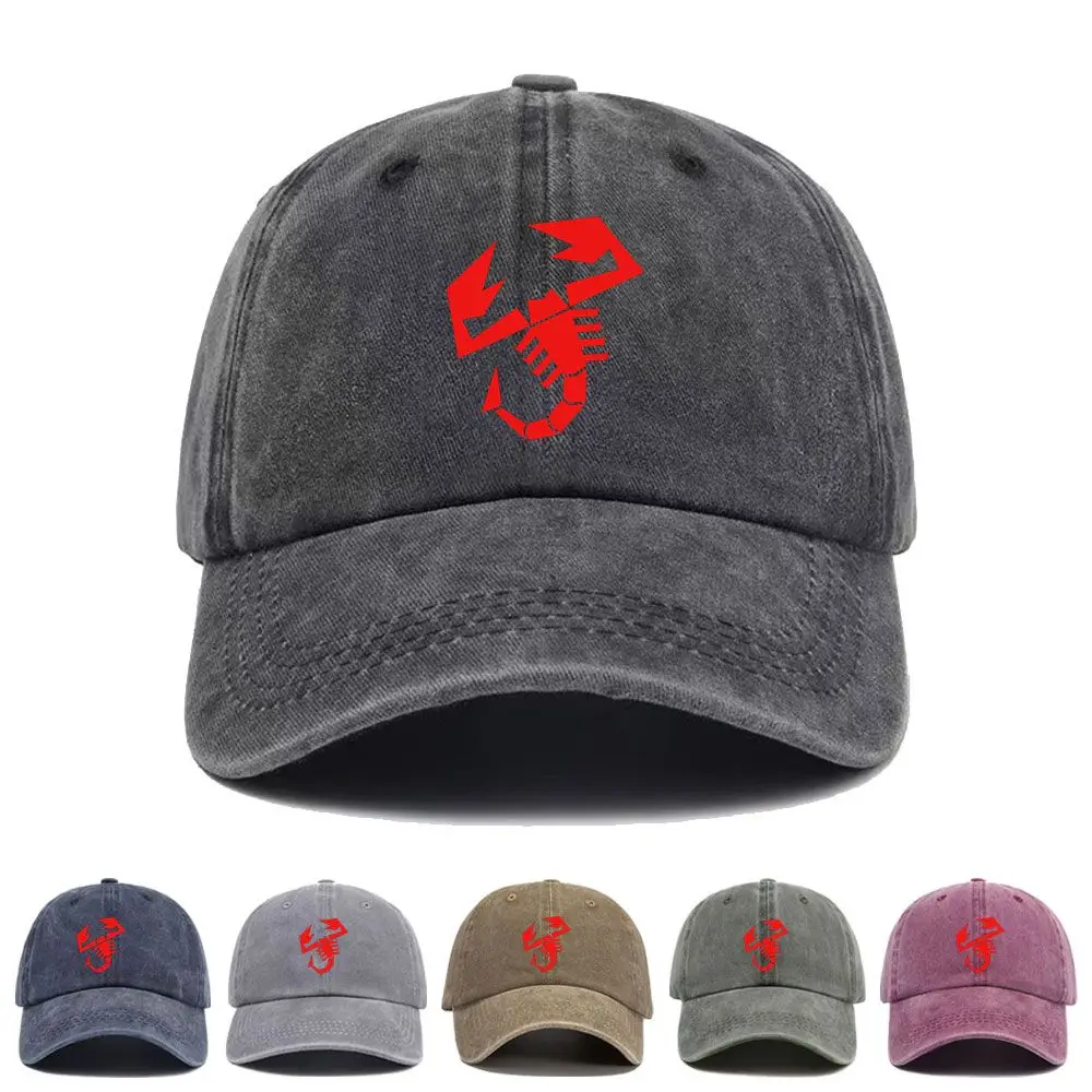 Vintage Washed Baseball Cap Red Abarth Scorpion Print Graphic Unisex Streetwear Casual Trucker Style Summer Cotton Sun Hat