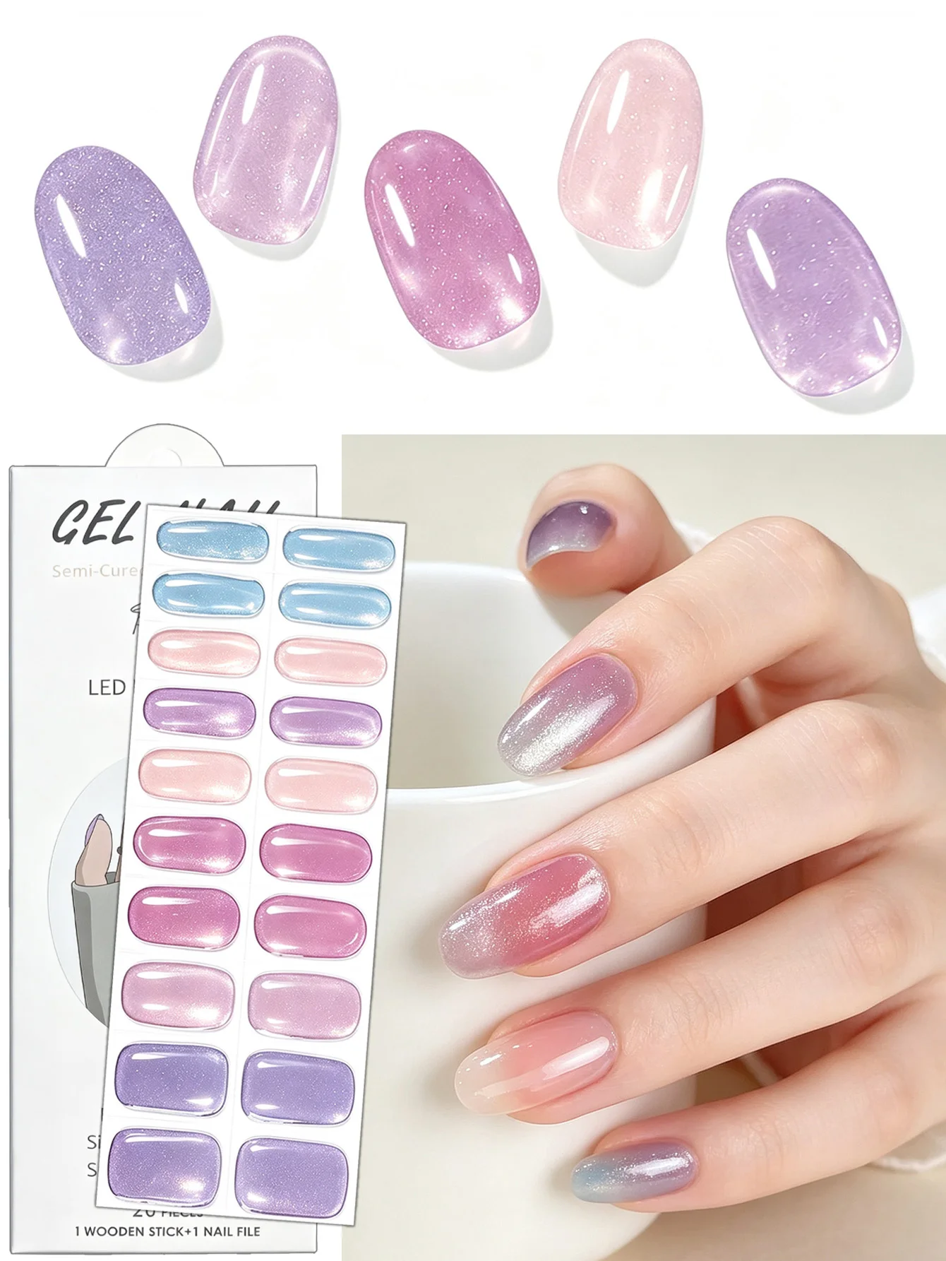 20 pieces of colorful semi-transparent nail stickers, need to use UV/LED. Long-lasting full-cover gel nail stickers, suitable fo