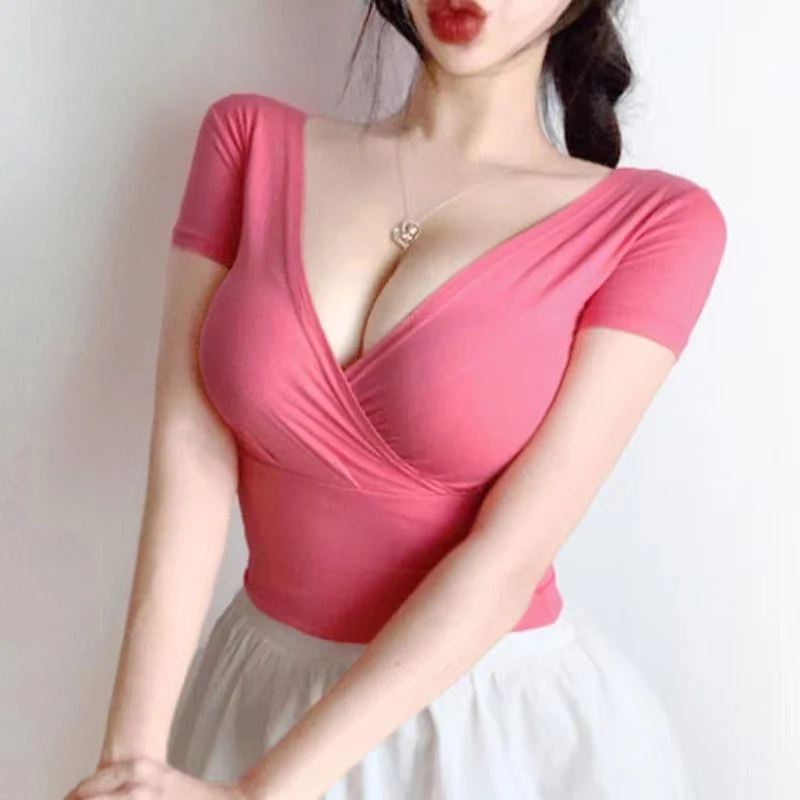 plus Size Sexy ort Sve T-irt Women's Slim Fit V-Ne Cross Design Comfortable Breathable Summer Top Pure Color Commute...