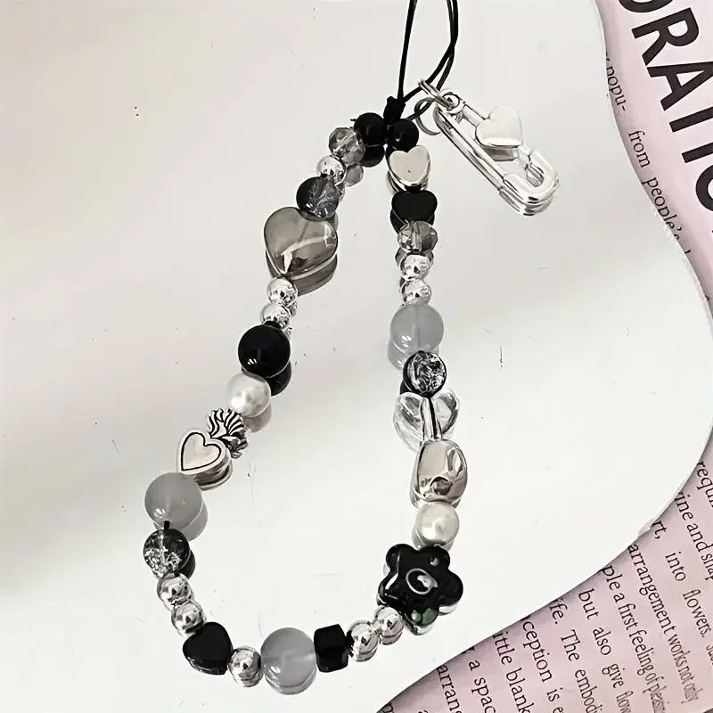 

Heart Flower Bead Phone Charm Strap Korean Bracelet Pendant for Bag Camera Accessories Hanging Rope Girl Jewelry
