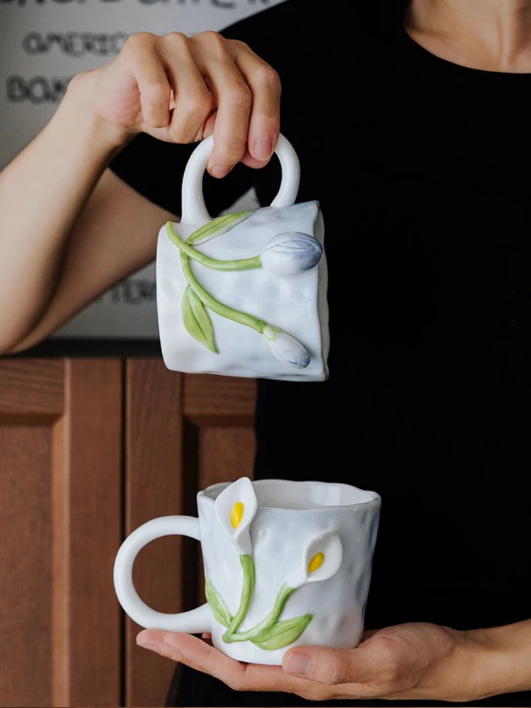 AhunderjIaz-Tulip Ceramic Mug, Handmade Floral Relief Design, Creative Rose Mug, Kitchen Drinkware Set, Home Decoration