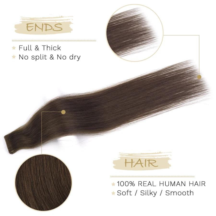 ZURIA PU Skin Weft Tape Hair Extensions Invisible Tape In Hair Extensions Straight 100% Remy Human Hair For Girl 12\