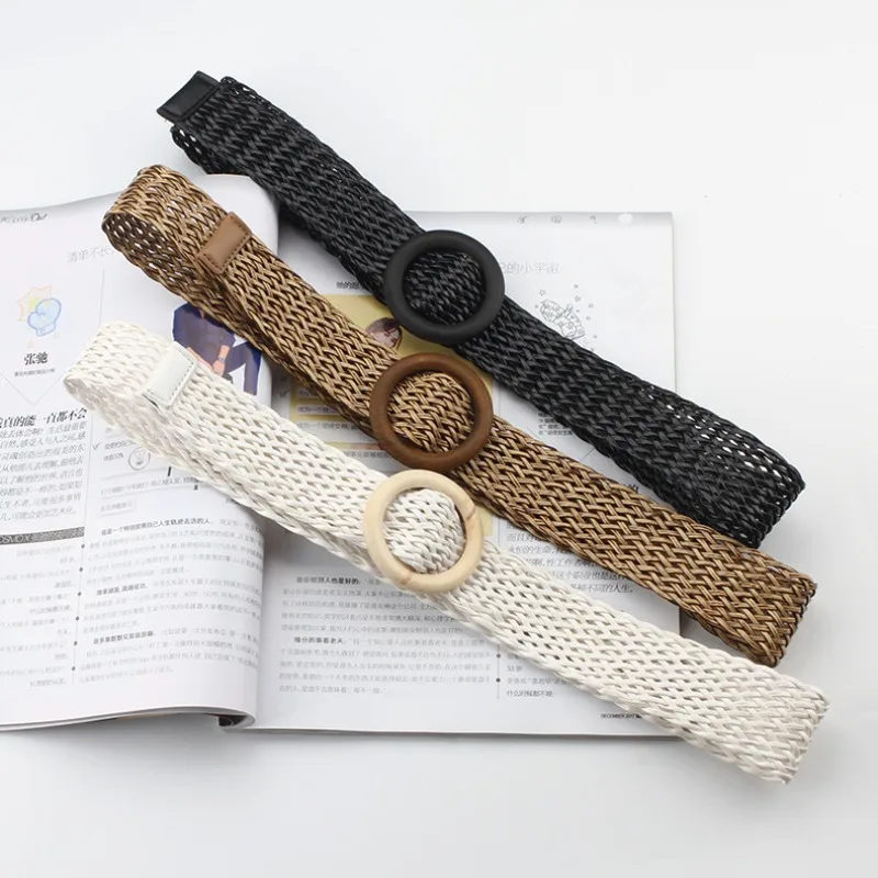 New Cotton and Linen Woven Belt Women's Round Wooden Buckle Long Shirt Decorative Belt